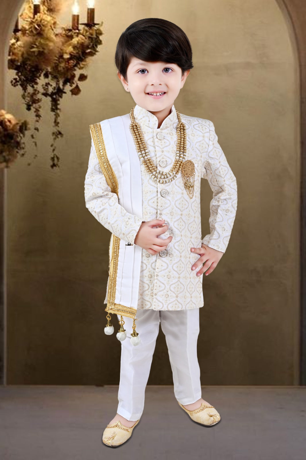 Boys Sherwani Pyjama Pearl  Ivory   - Embellished Duppata Chain Included