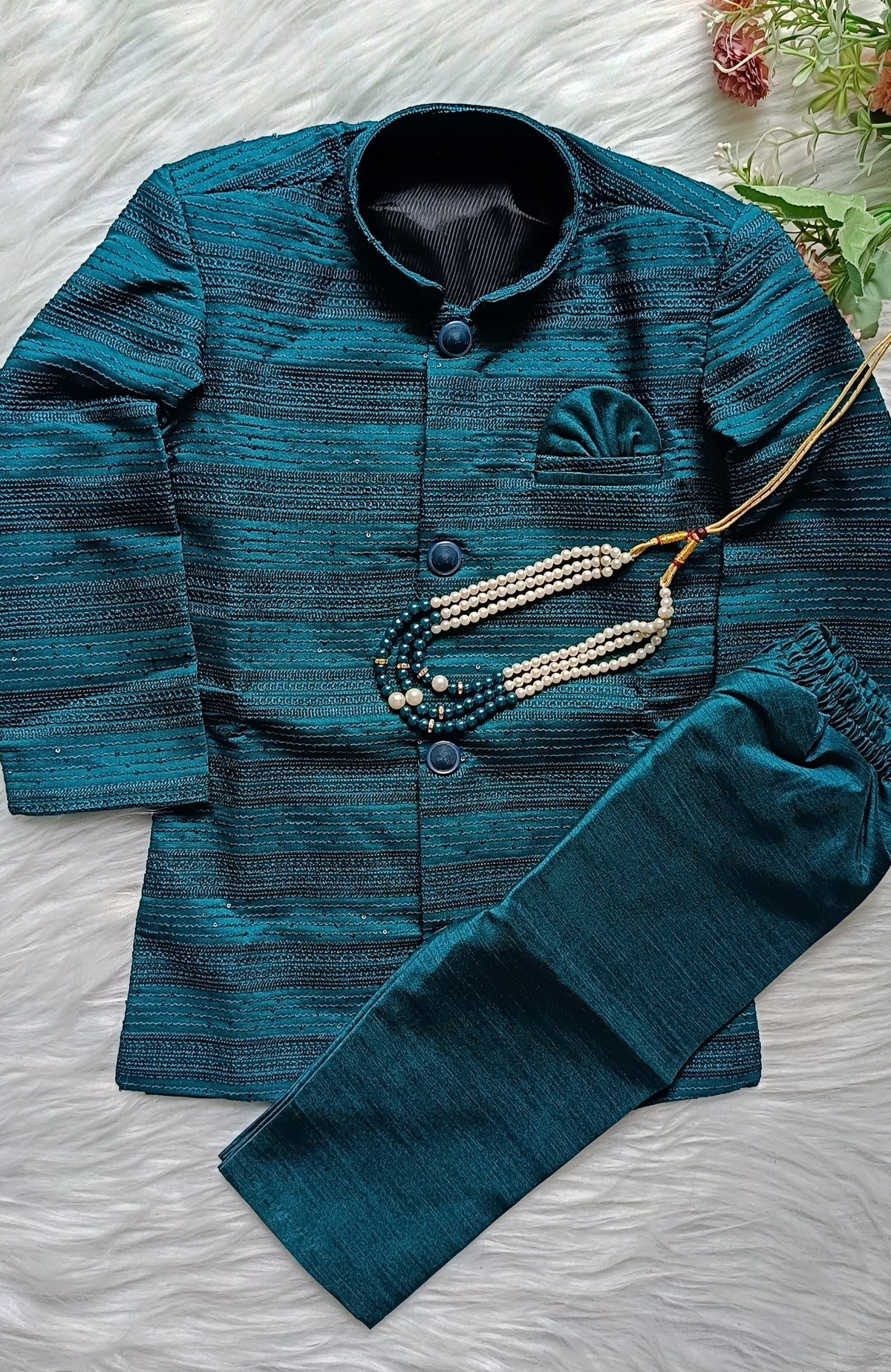 Boys Sherwani Pyjama Set Deep Sea Green  - Chain Included