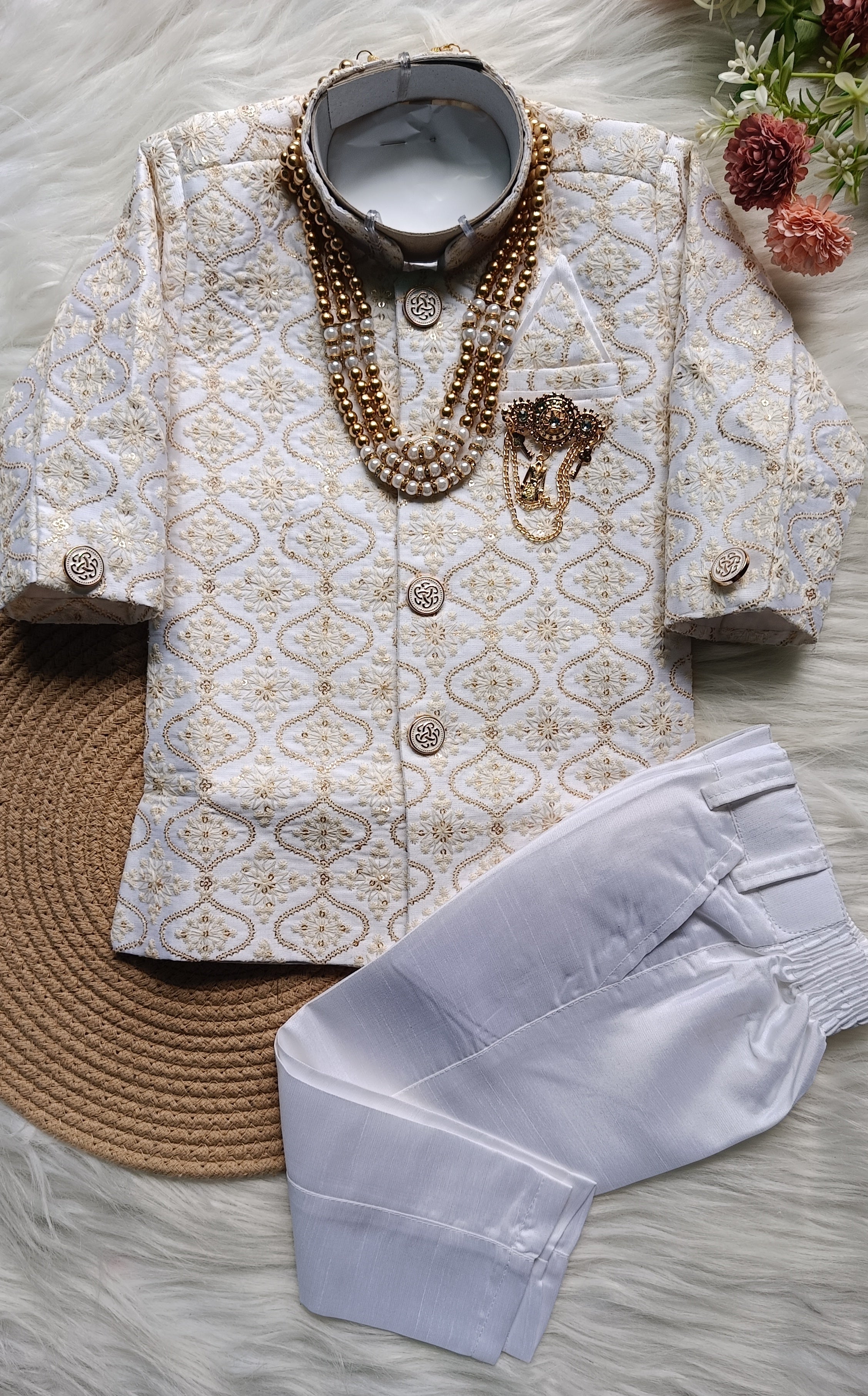 Boys Sherwani Pyjama Pearl  Ivory   - Embellished Duppata Chain Included