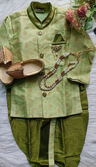 Boys kurta Dhoti set -  Olive Green  Dhoti  Pearl chain Included