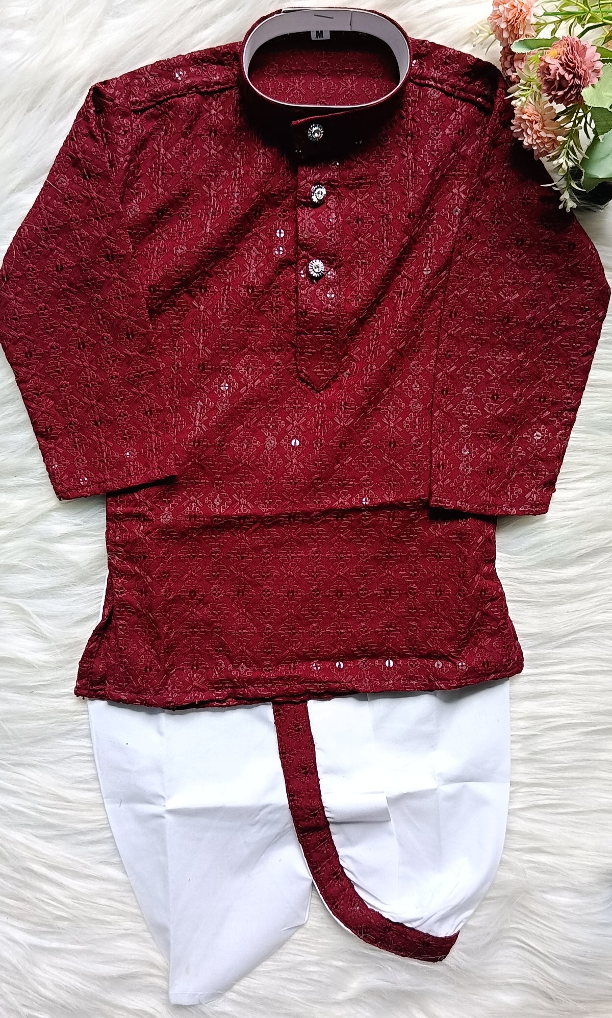 Infant Georgette Sequence Maroon Dhoti Set