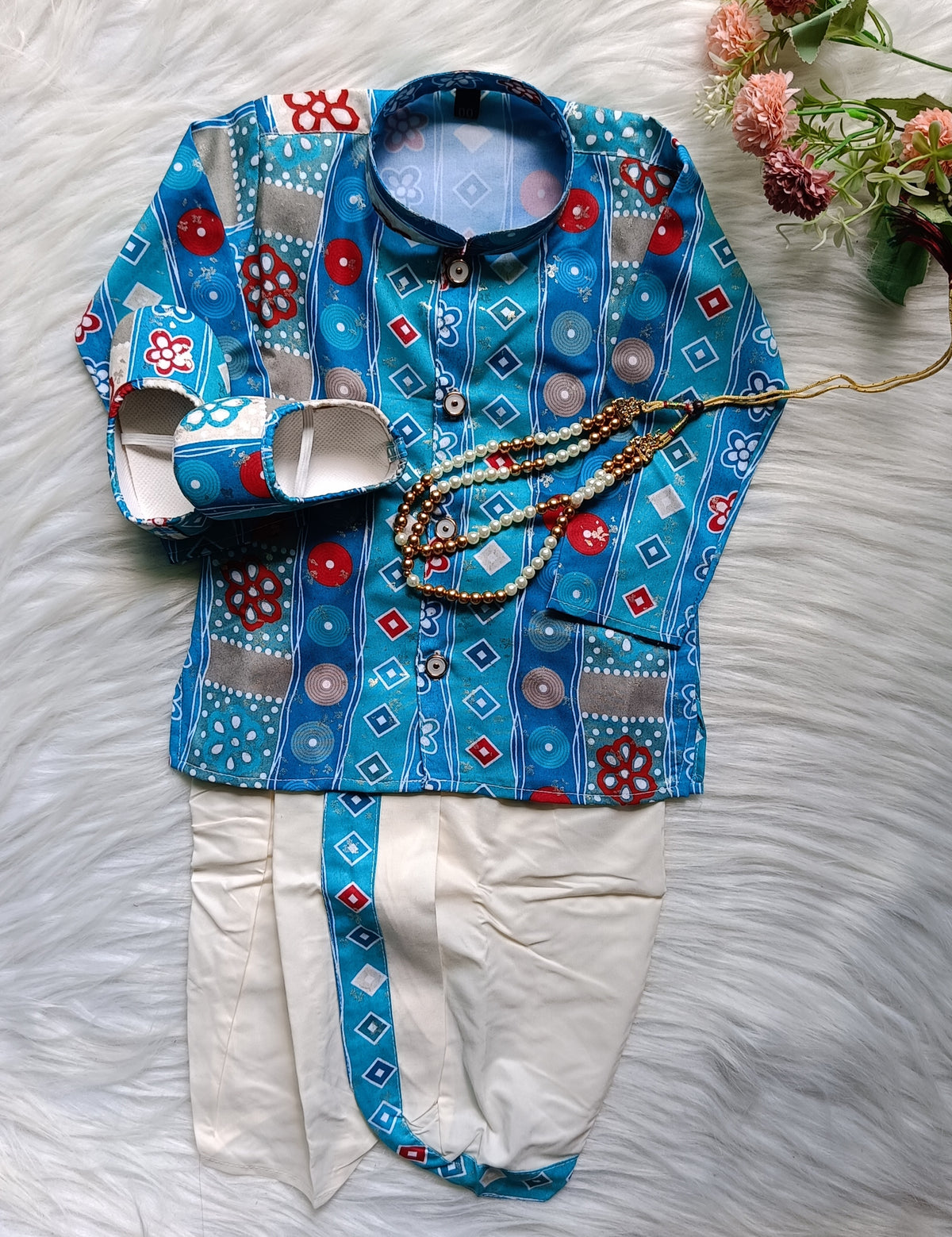 Boys Dark Pastel Blue Dhoti  set - Chain and Shoes Included