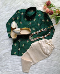 Boys Green Flower Kurta set - Chain and Shoes Included