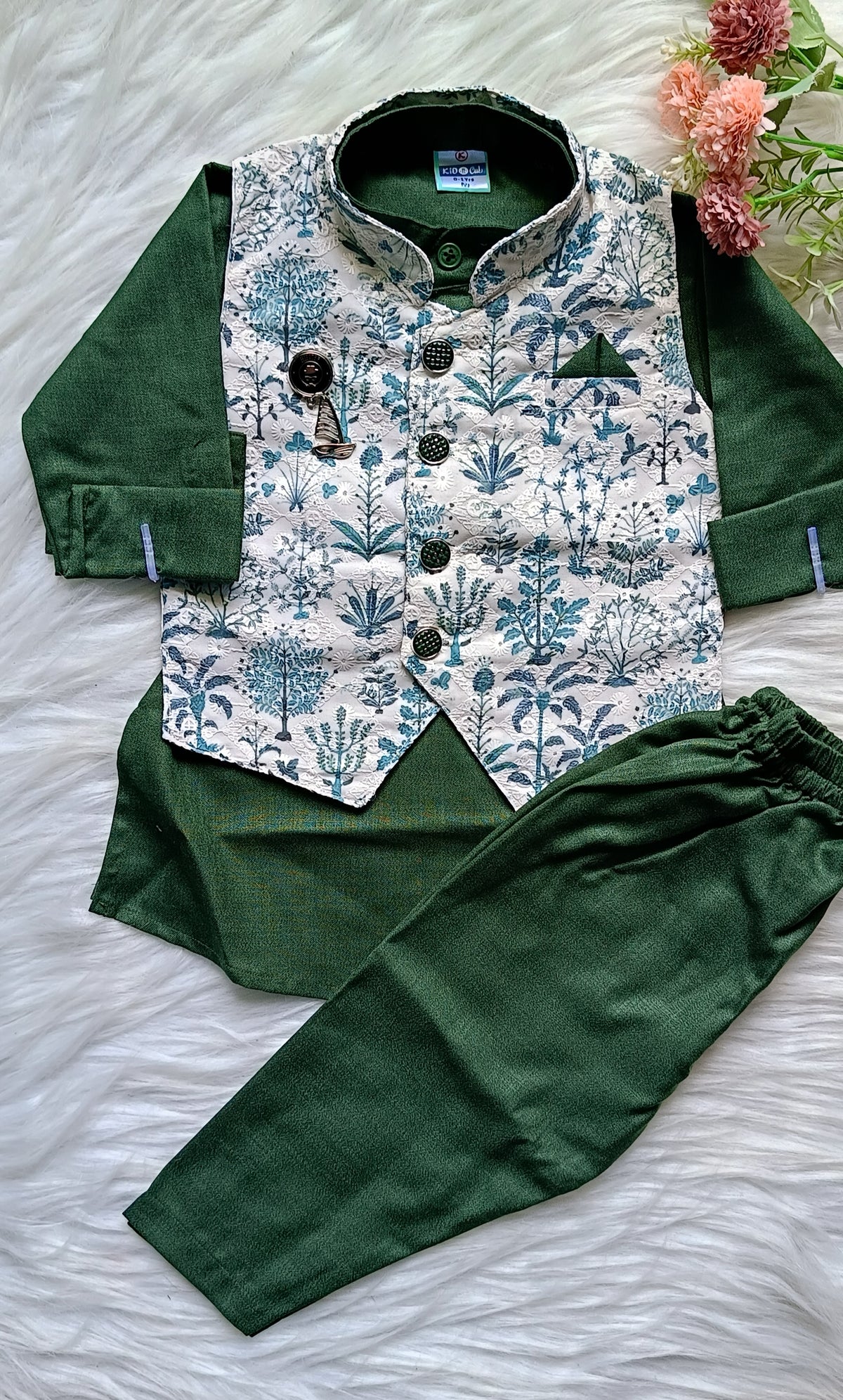 Boys Green  Mineral 3 piece Kurta Set -Khadi Cotton