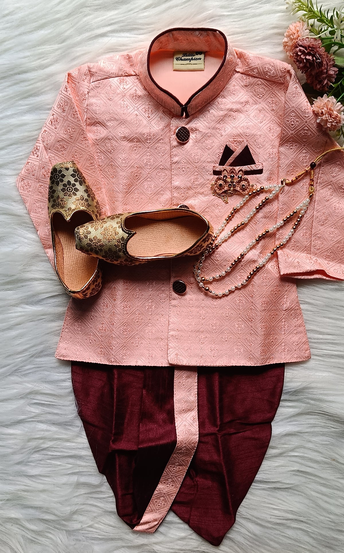 Boys Sea Pink   IndoWestern dhoti set -Pearl Chain and shoes included