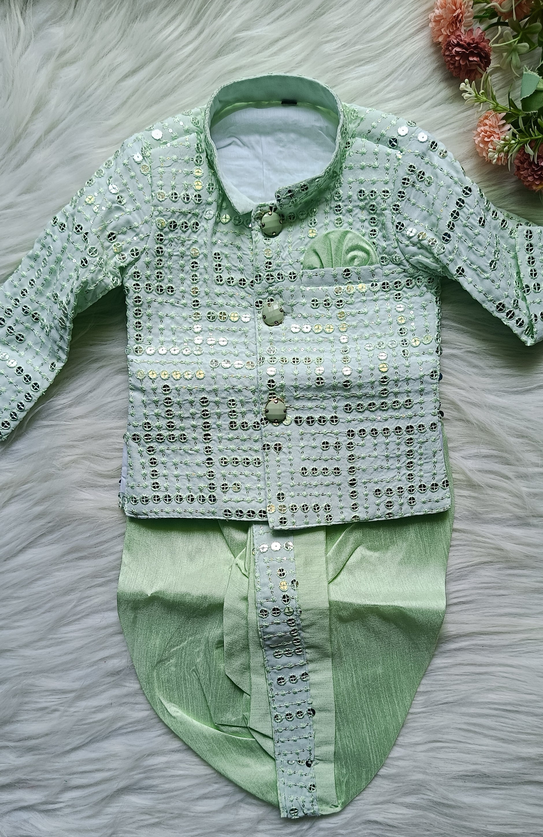 Boys Premium Indo Western Kurta Set - Dhoti & Pant Included Light Green