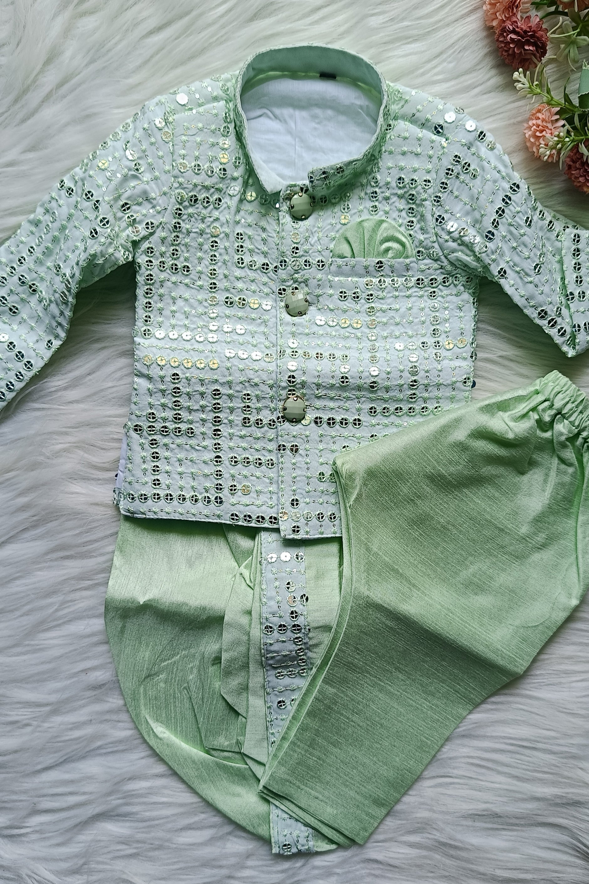Boys Premium Indo Western Kurta Set - Dhoti & Pant Included Light Green