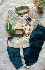 Boys Dark Green IndoWestern Pant set - Chain and shoes included