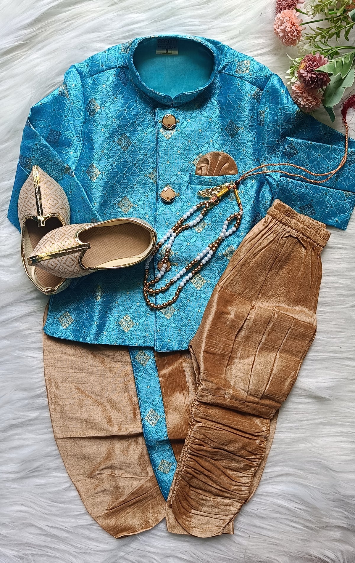 Boys  Blue Chill IndoWestern dhoti &  Pant set - Chain and shoes included