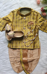 Boys Sandy Yellow IndoWestern dhoti &  Pant set - Chain and shoes included