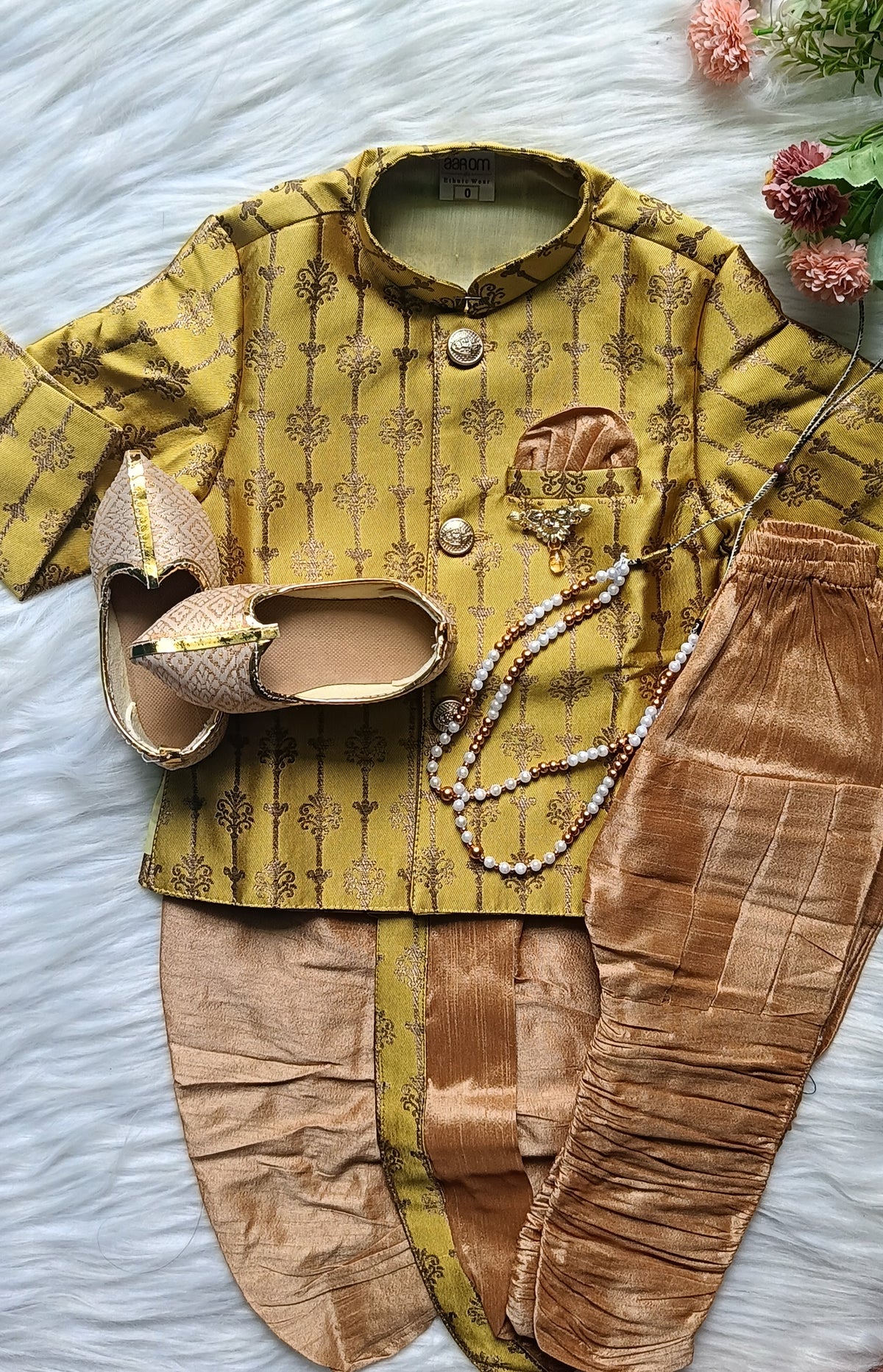 Boys Sandy Yellow IndoWestern dhoti &  Pant set - Chain and shoes included