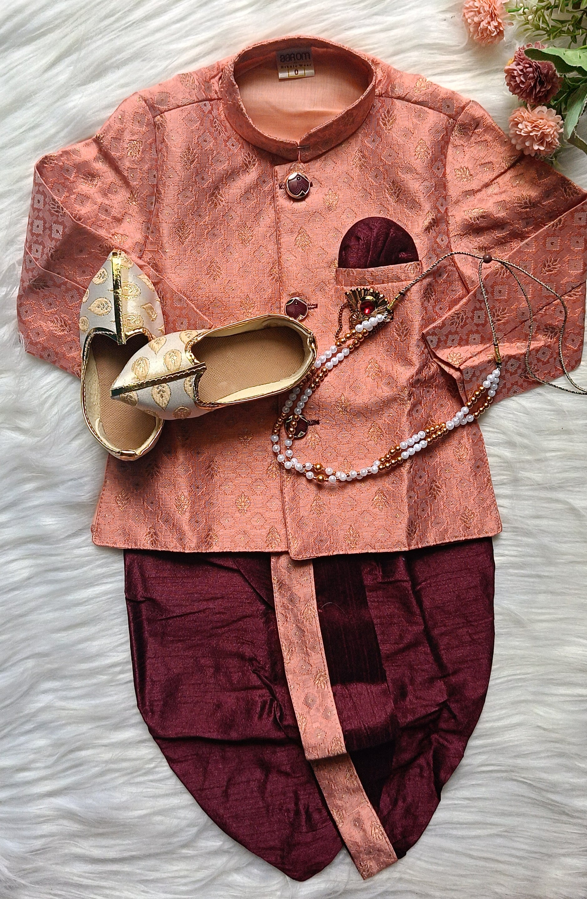 Boys Wine Berry IndoWestern dhoti & Pant set - Chain and shoes included