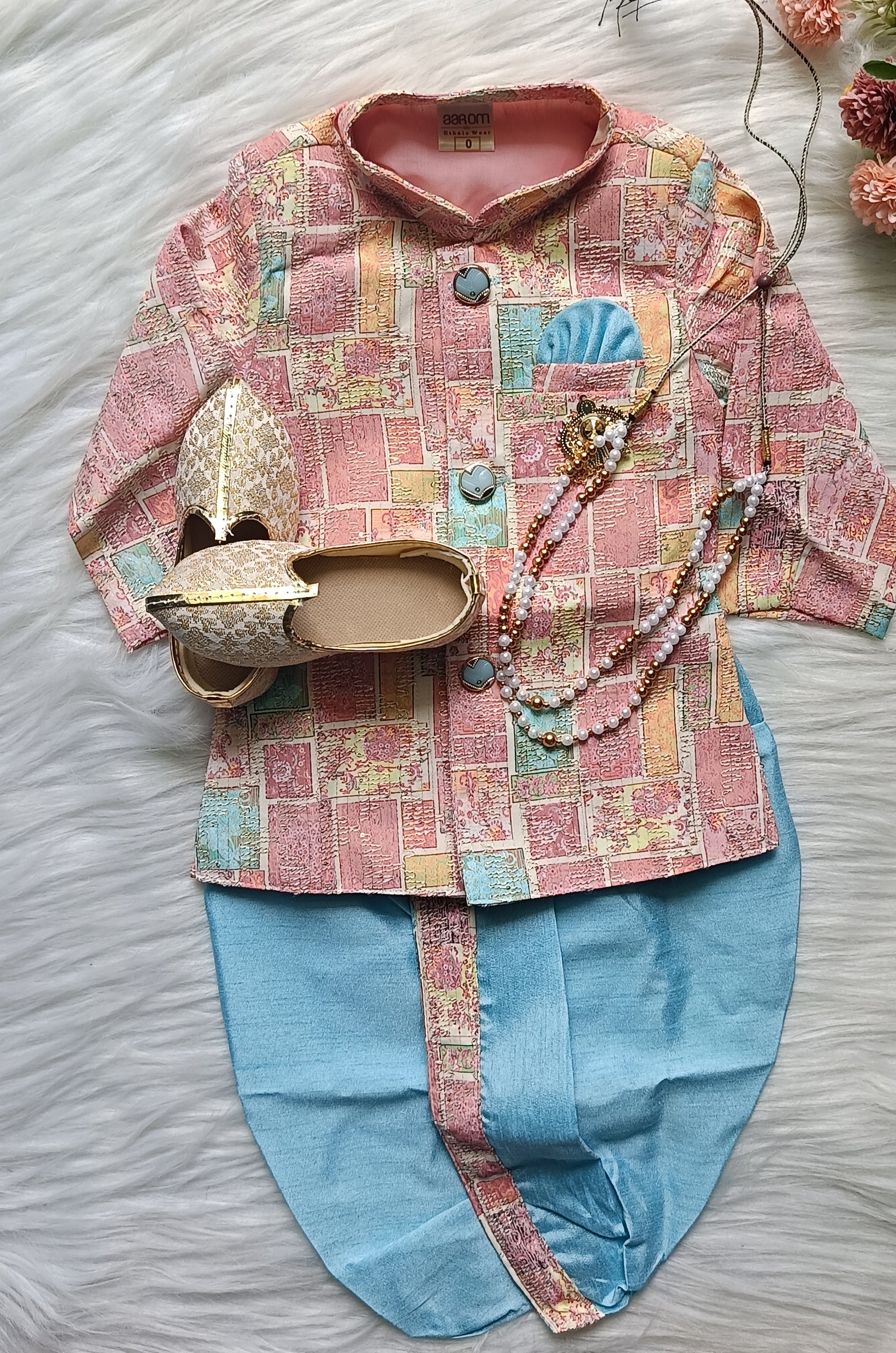 Boys Hippie Blue IndoWestern dhoti & Pant set - Chain and shoes included