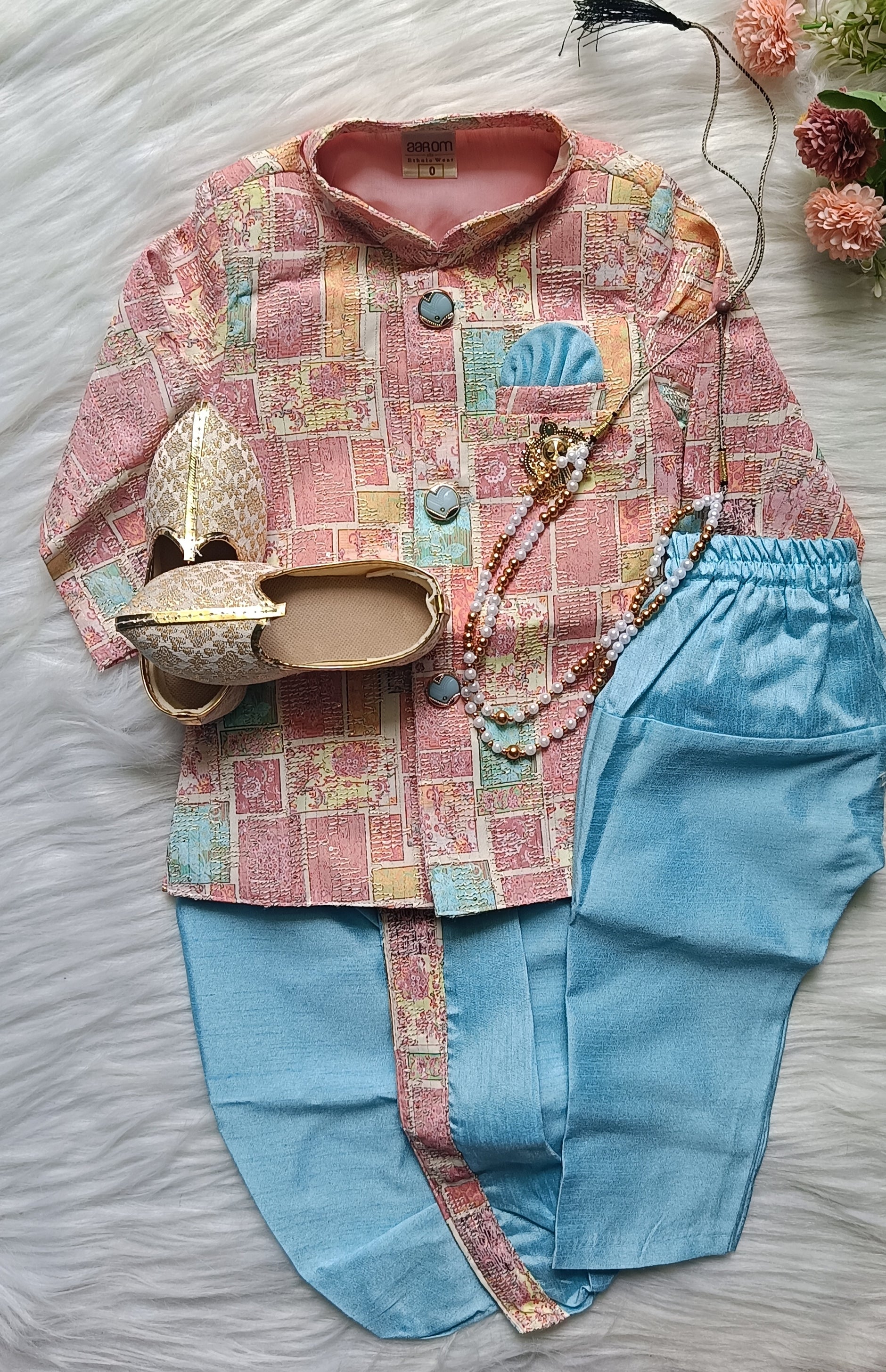 Boys Hippie Blue IndoWestern dhoti & Pant set - Chain and shoes included