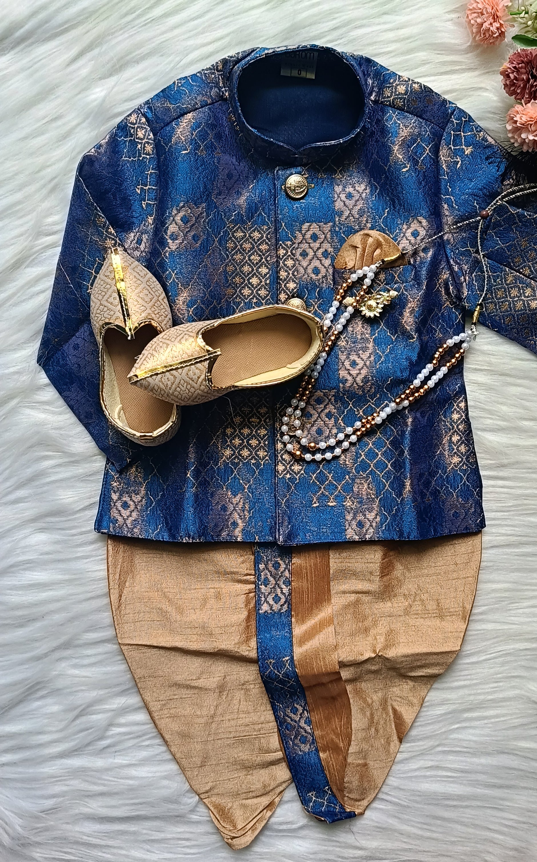 Boys Bistrie Walnut IndoWestern dhoti & Pant set - Chain and shoes included