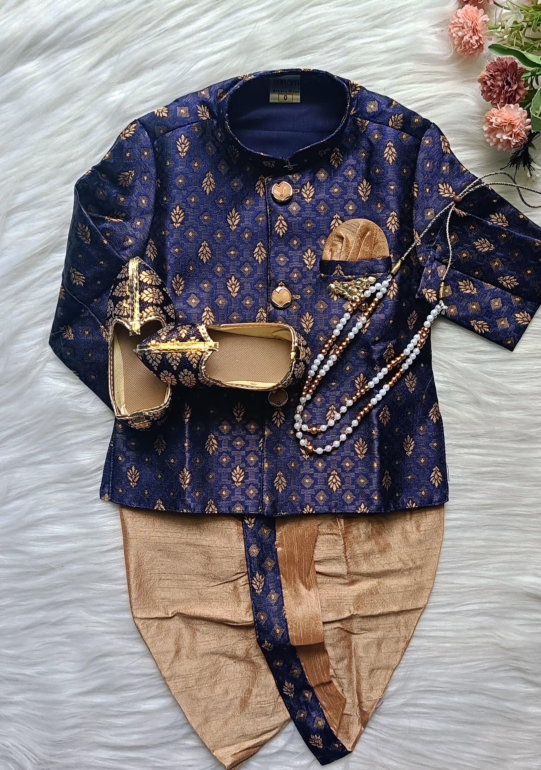 Boys Blue Walnut IndoWestern dhoti & Pant set - Chain and shoes included