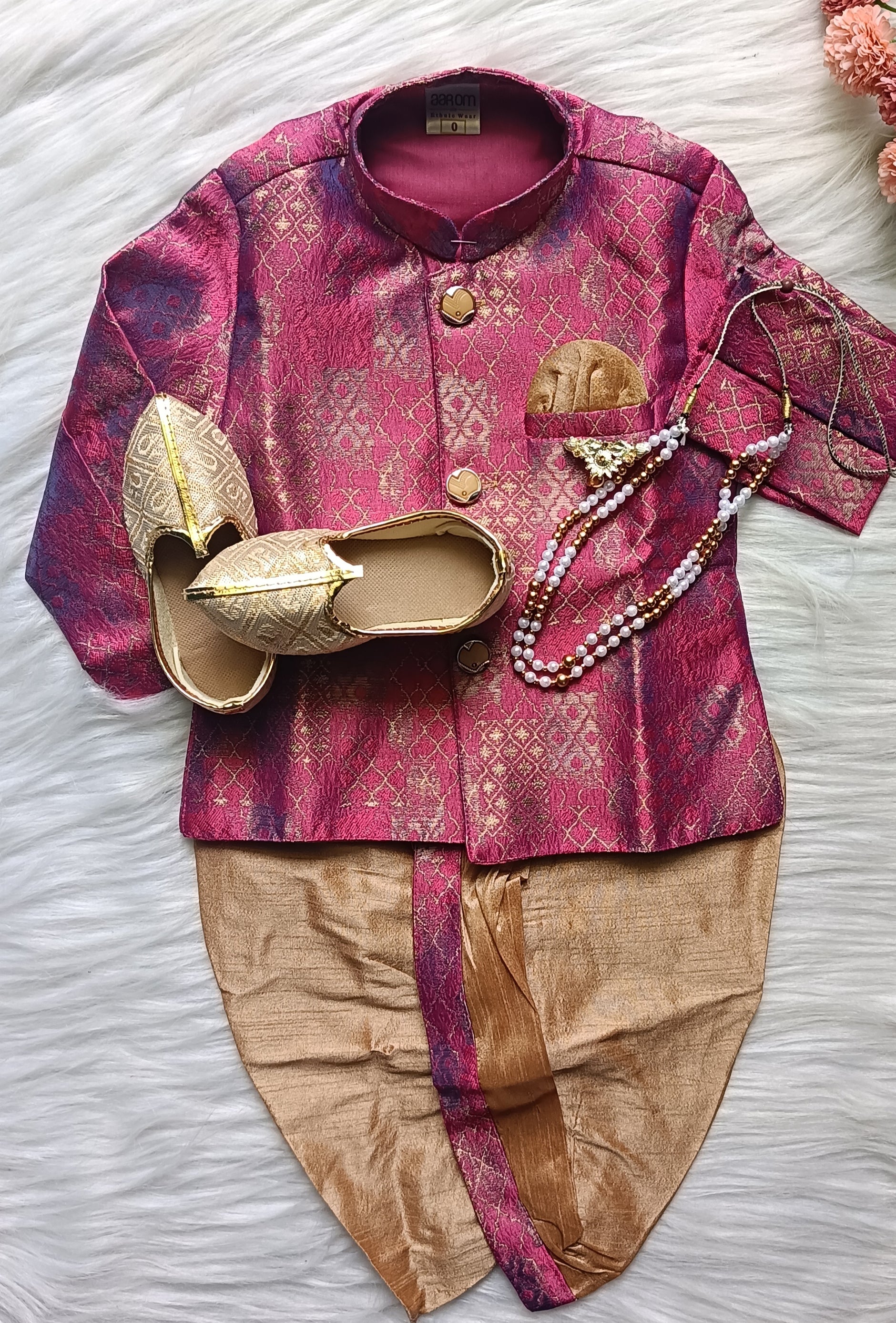 Boys Raspberry Mauve IndoWestern dhoti & Pant set - Chain and shoes included