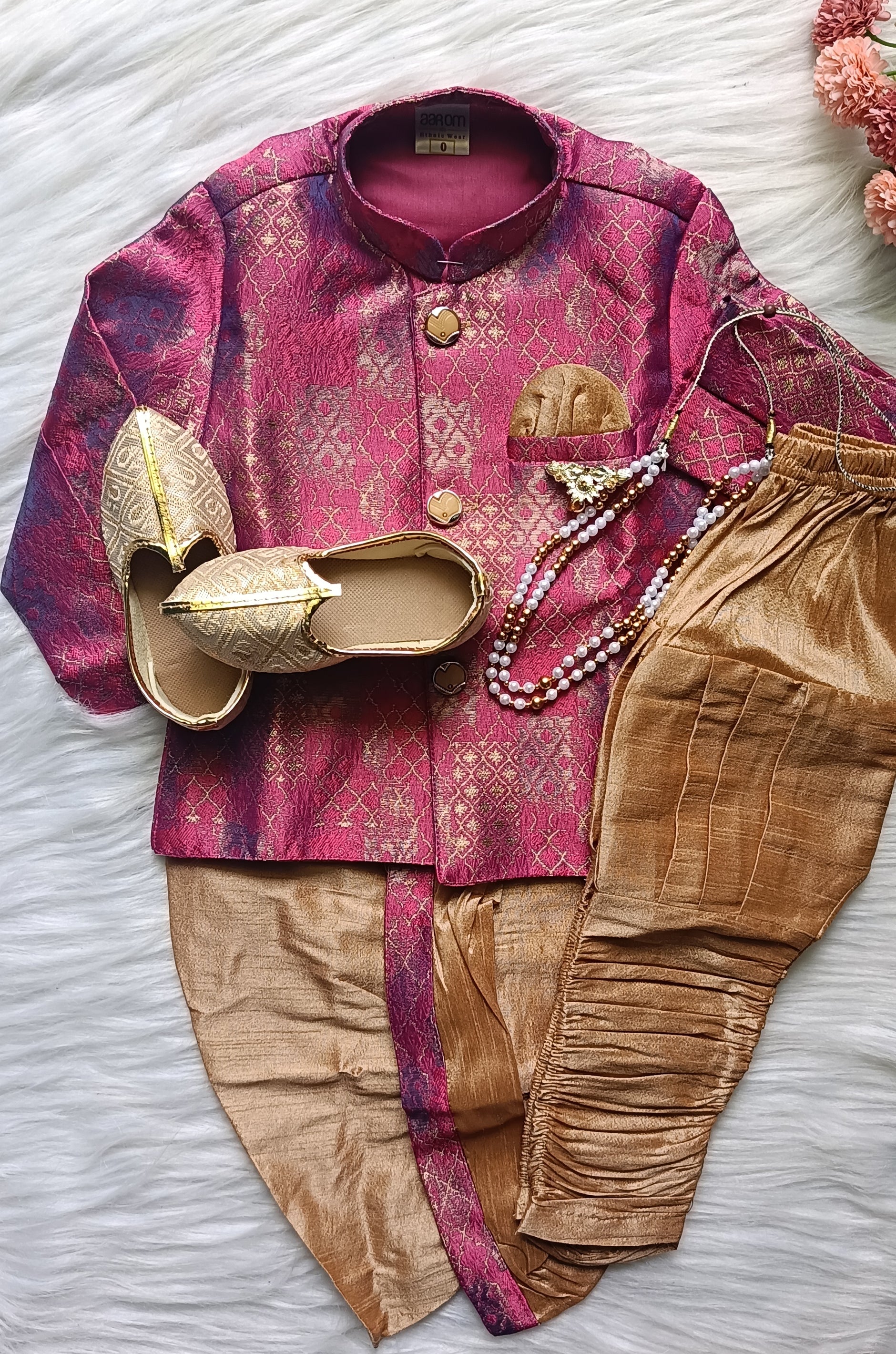 Boys Raspberry Mauve IndoWestern dhoti & Pant set - Chain and shoes included