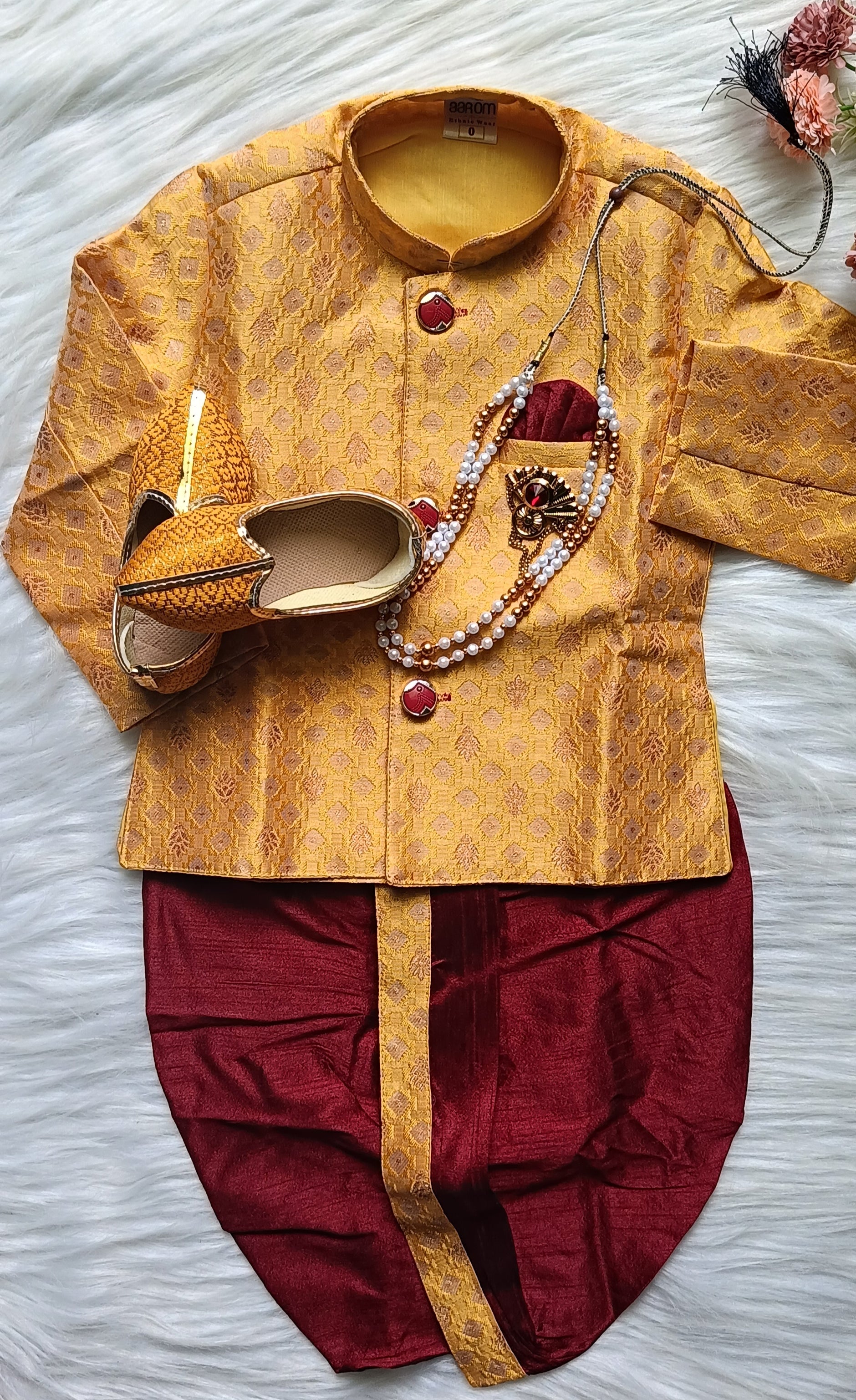Boys Cherry Wood IndoWestern dhoti & Pant set - Chain and shoes included
