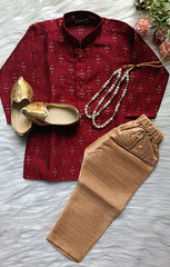 Boys Quill Red  Kurta set - Chain and Shoes Included