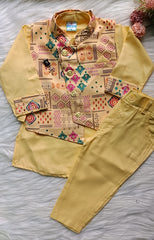 Boys Sandy Yellow  3 piece Kurta Set -Khadi Cotton