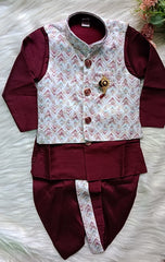 Infant Dark Maroon Premium 4 piece Jacket Set - Dhoti & Pant included