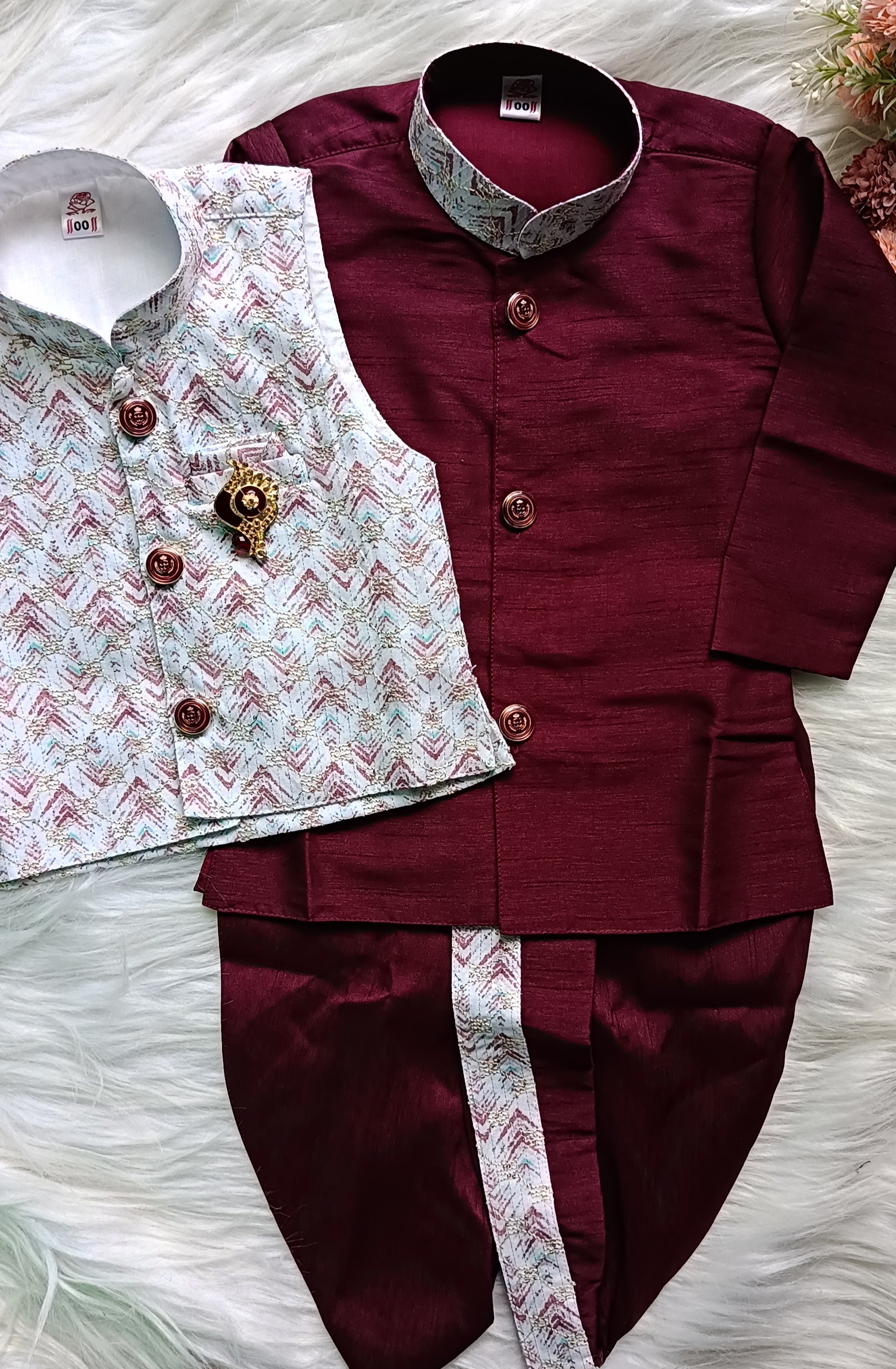 Infant Dark Maroon Premium 4 piece Jacket Set - Dhoti & Pant included