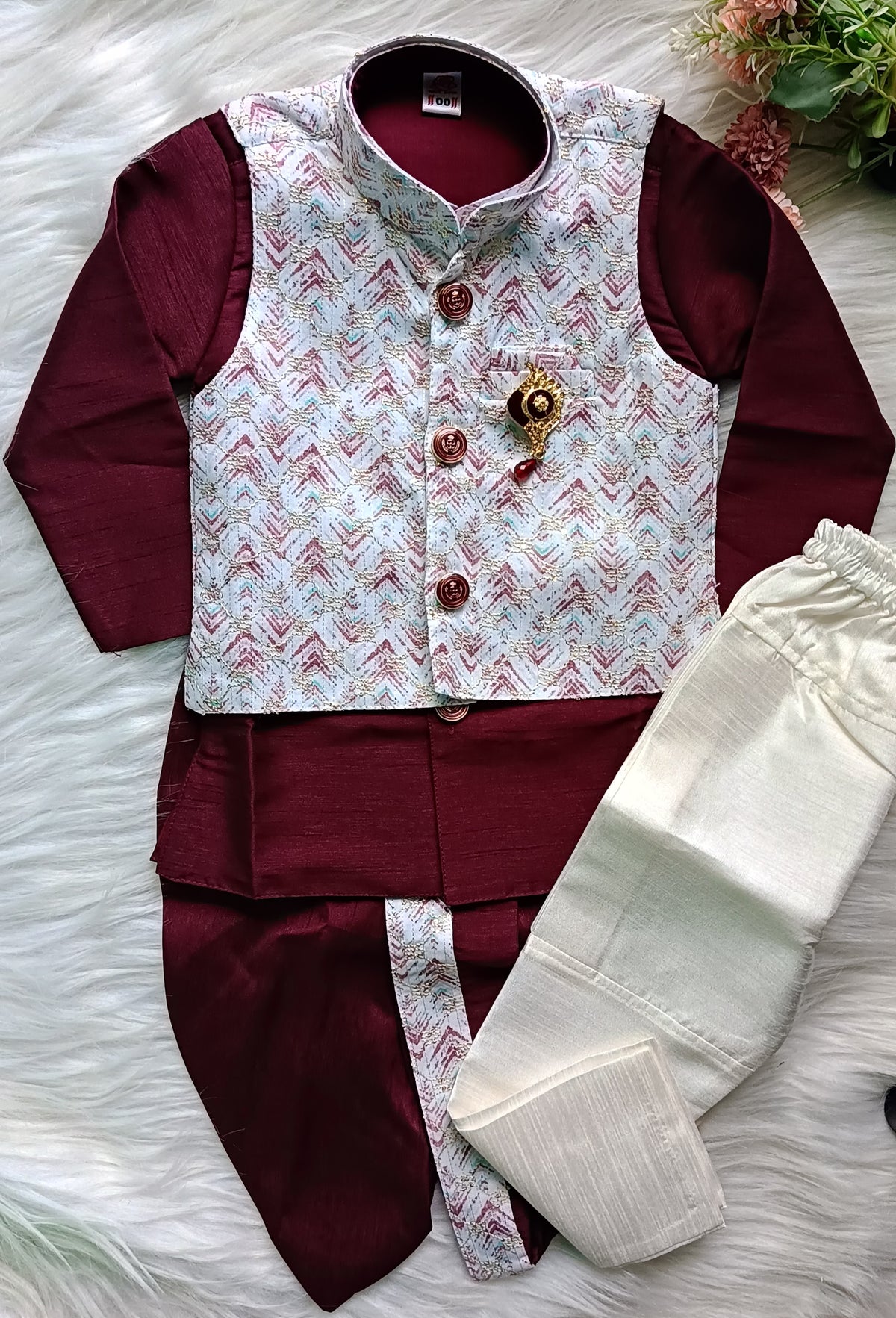 Infant Dark Maroon Premium 4 piece Jacket Set - Dhoti & Pant included