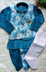 Infant Deep Sea Blue Premium 4 piece Jacket Set - Dhoti & Pant included