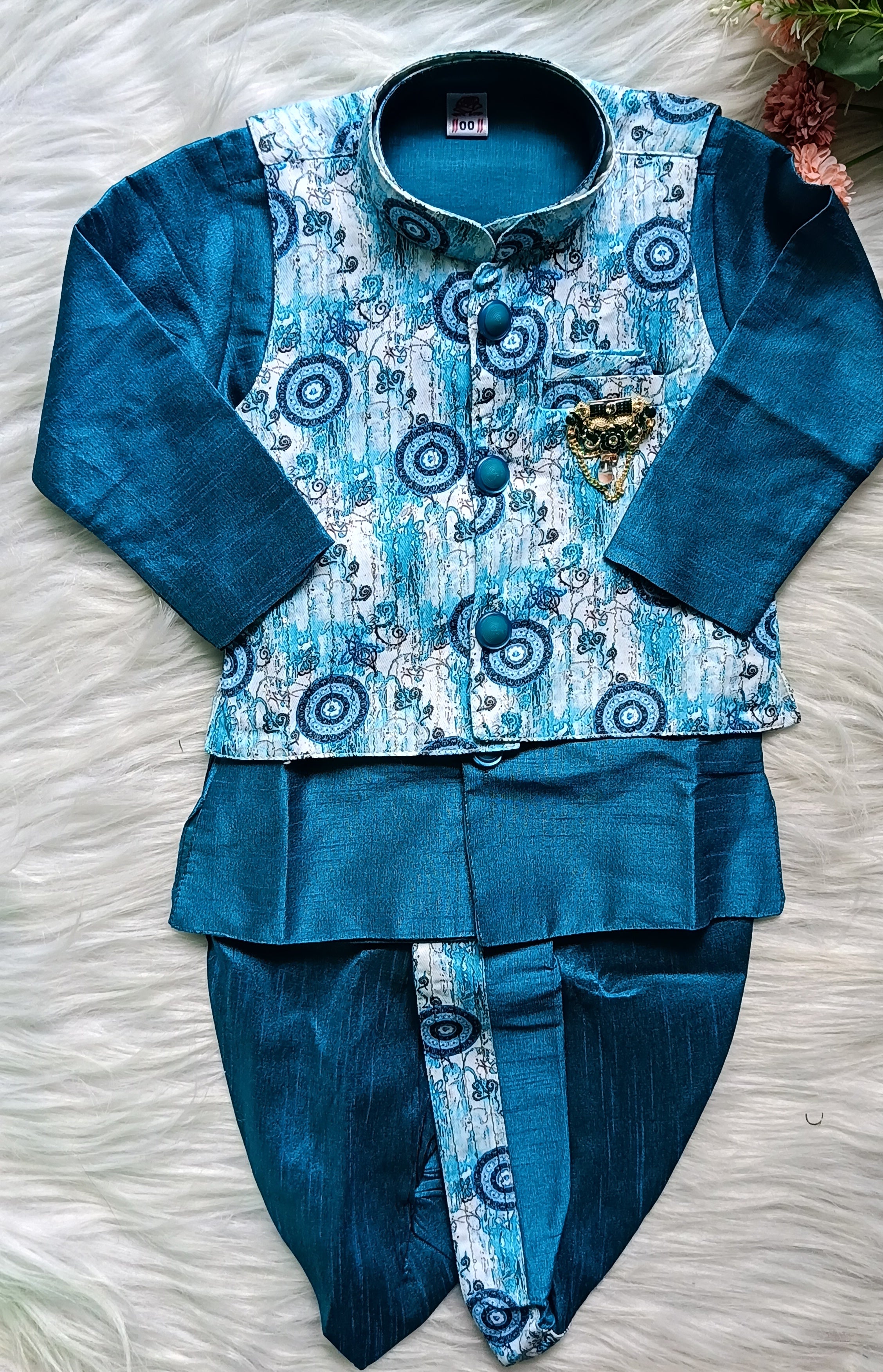 Infant Deep Sea Blue Premium 4 piece Jacket Set - Dhoti & Pant included