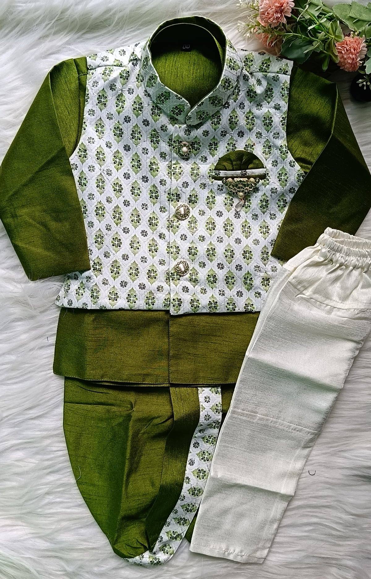 Infant Dark Greem  Premium 4 piece Jacket Set - Dhoti & Pant included