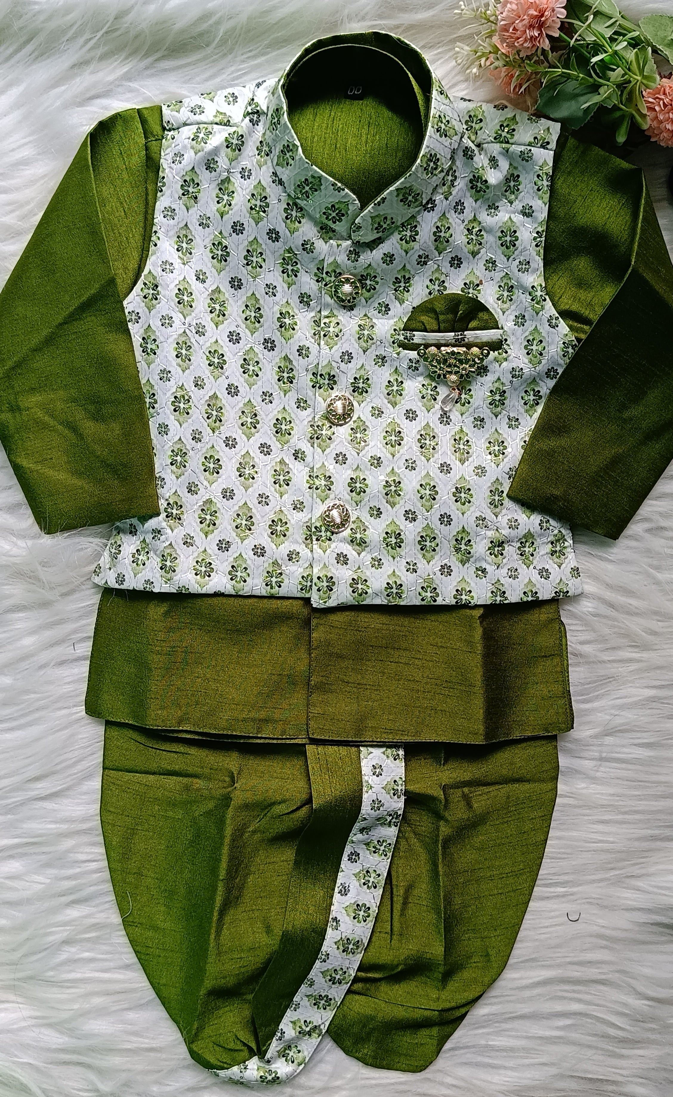 Infant Dark Greem  Premium 4 piece Jacket Set - Dhoti & Pant included