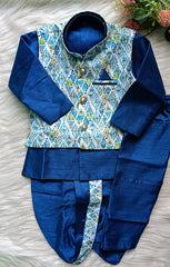 Infant Deep  Blue  Premium 4 piece Jacket Set - Dhoti & Pant included