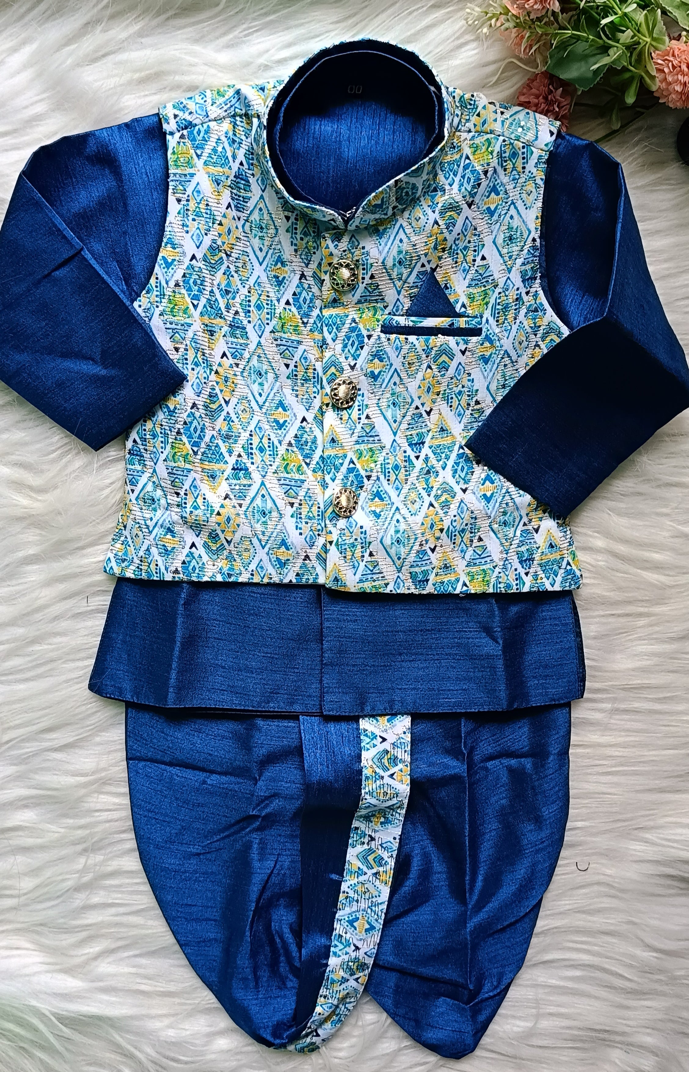 Infant Deep  Blue  Premium 4 piece Jacket Set - Dhoti & Pant included