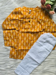 Boys Vibrant Orangish-Yellow Kurta Pyjama with Red White Motif