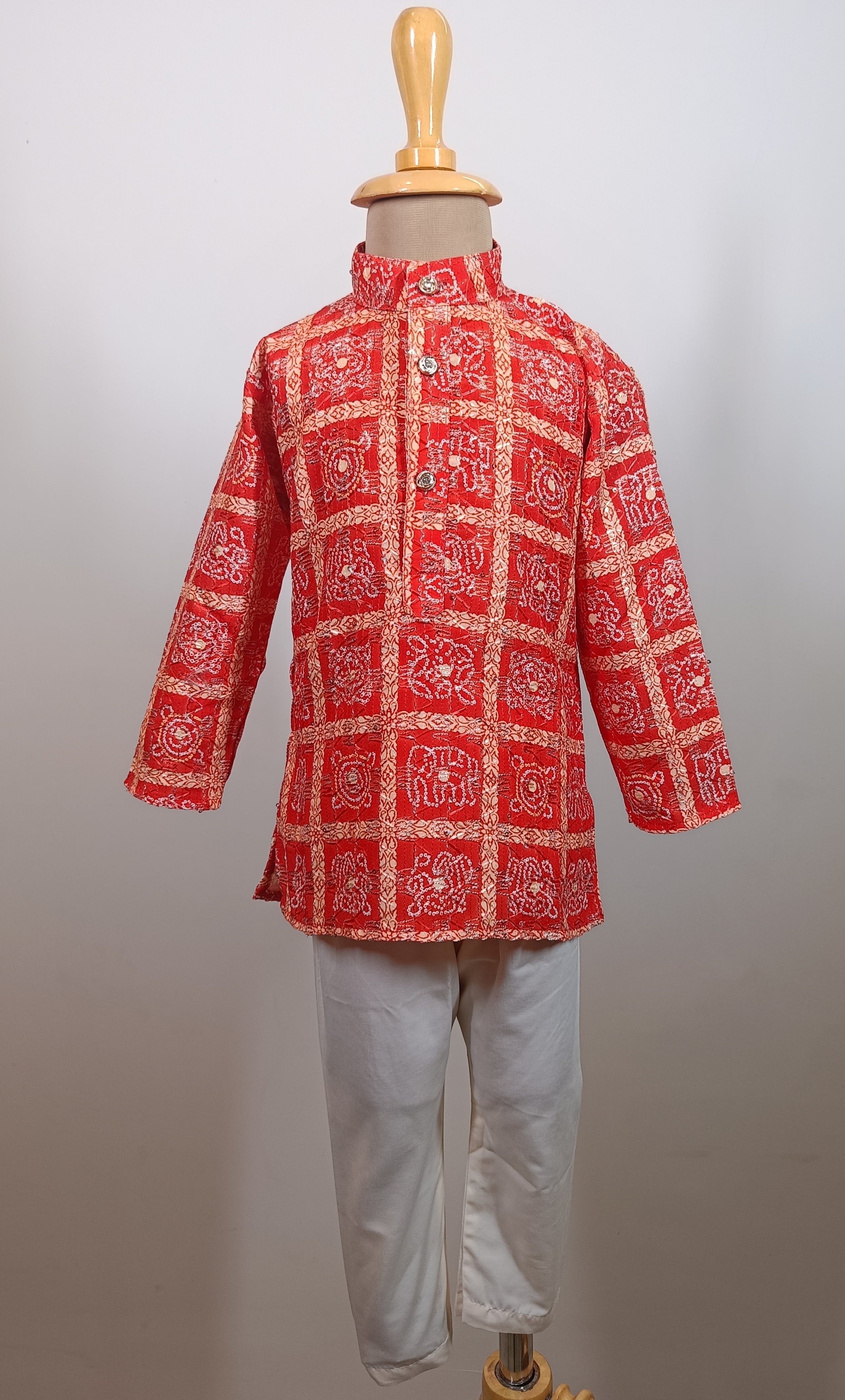 Boys Premium Red Traditional Elephant Motif Set- Dhoti & Pant Included