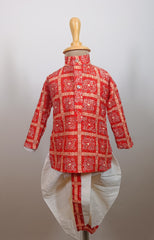 Boys Premium Red Traditional Elephant Motif Set- Dhoti & Pant Included