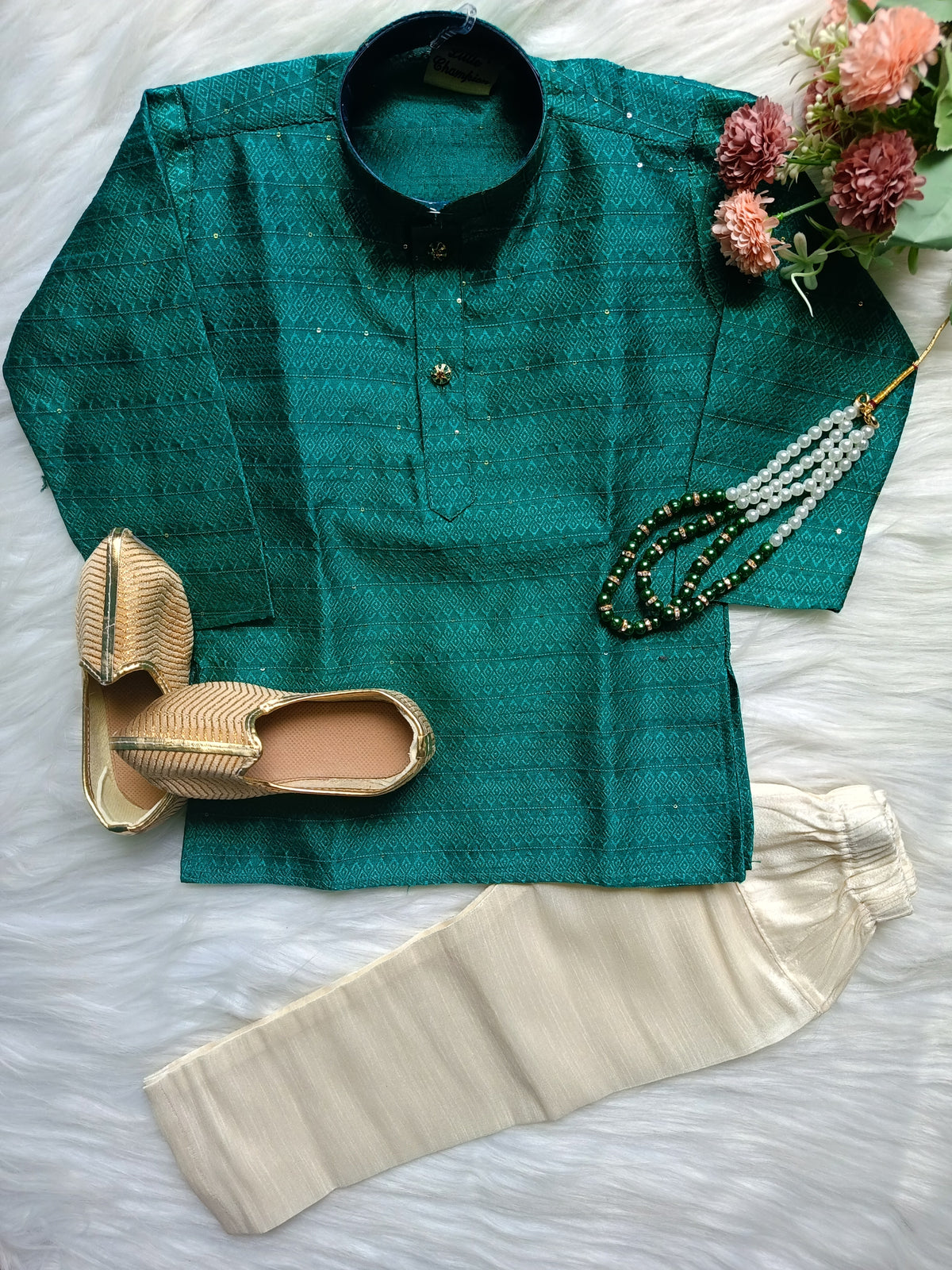 Boys Dark Aqua Kurta set - Chain and Shoes Included