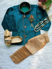 Boys blue stone IndoWestern kurta pant set - Chain and Shoes Included