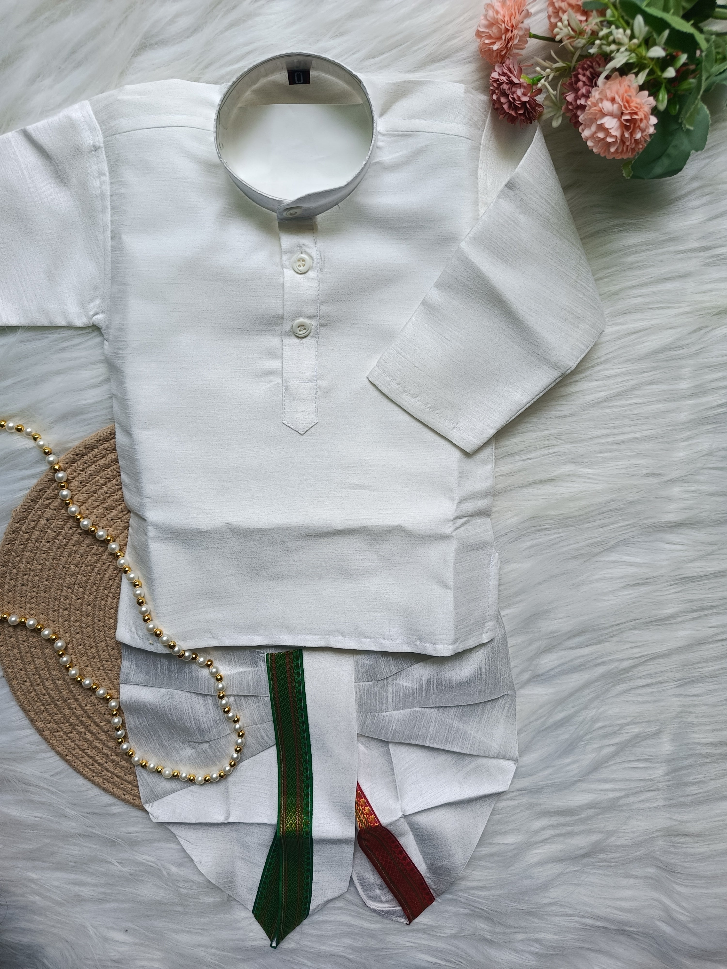 Boys White Dhoti Pant Kurta Set - kanduva and Chain included