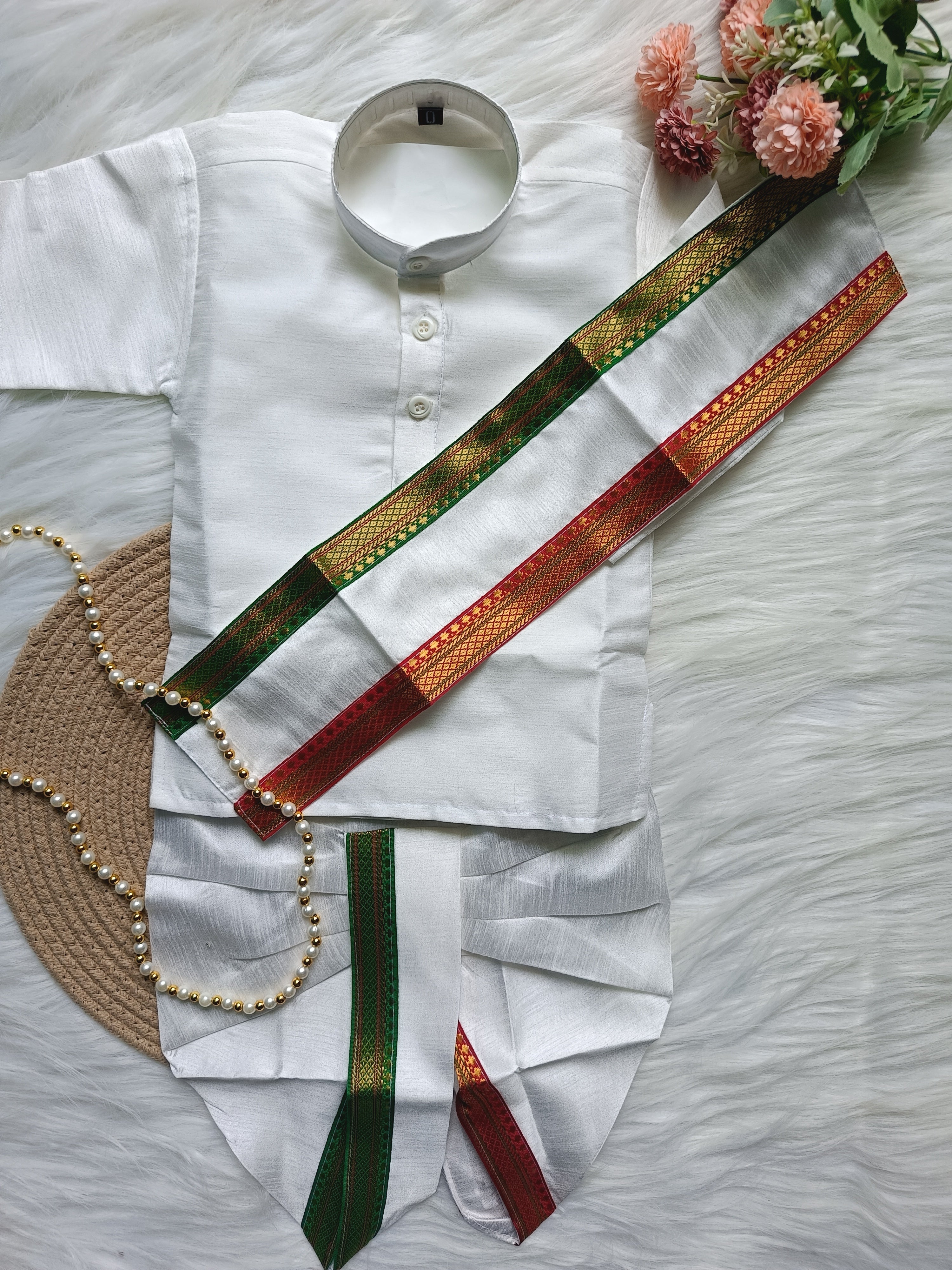 Boys White Dhoti Pant Kurta Set - kanduva and Chain included