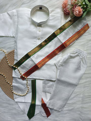 Boys White Dhoti Pant Kurta Set - kanduva and Chain included