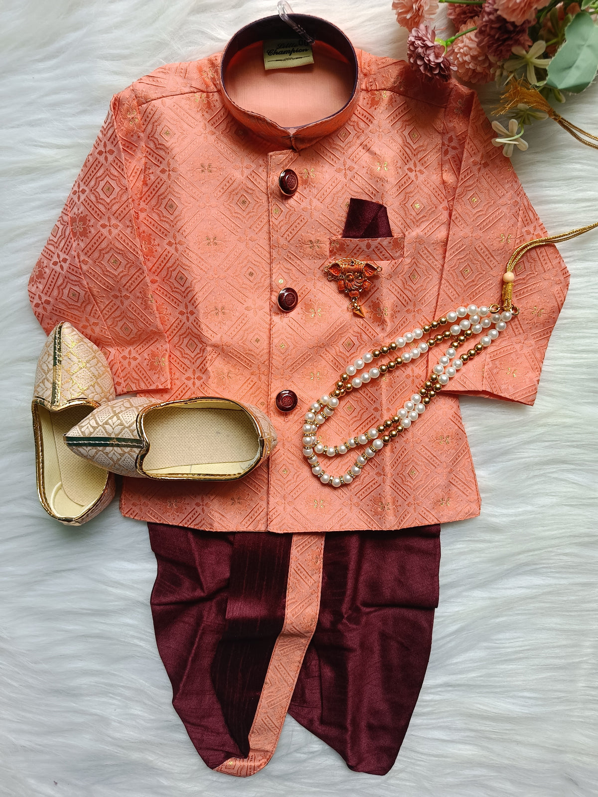 Boys Dark Peach IndoWestern kurtaSet - Chain and Shoes Included