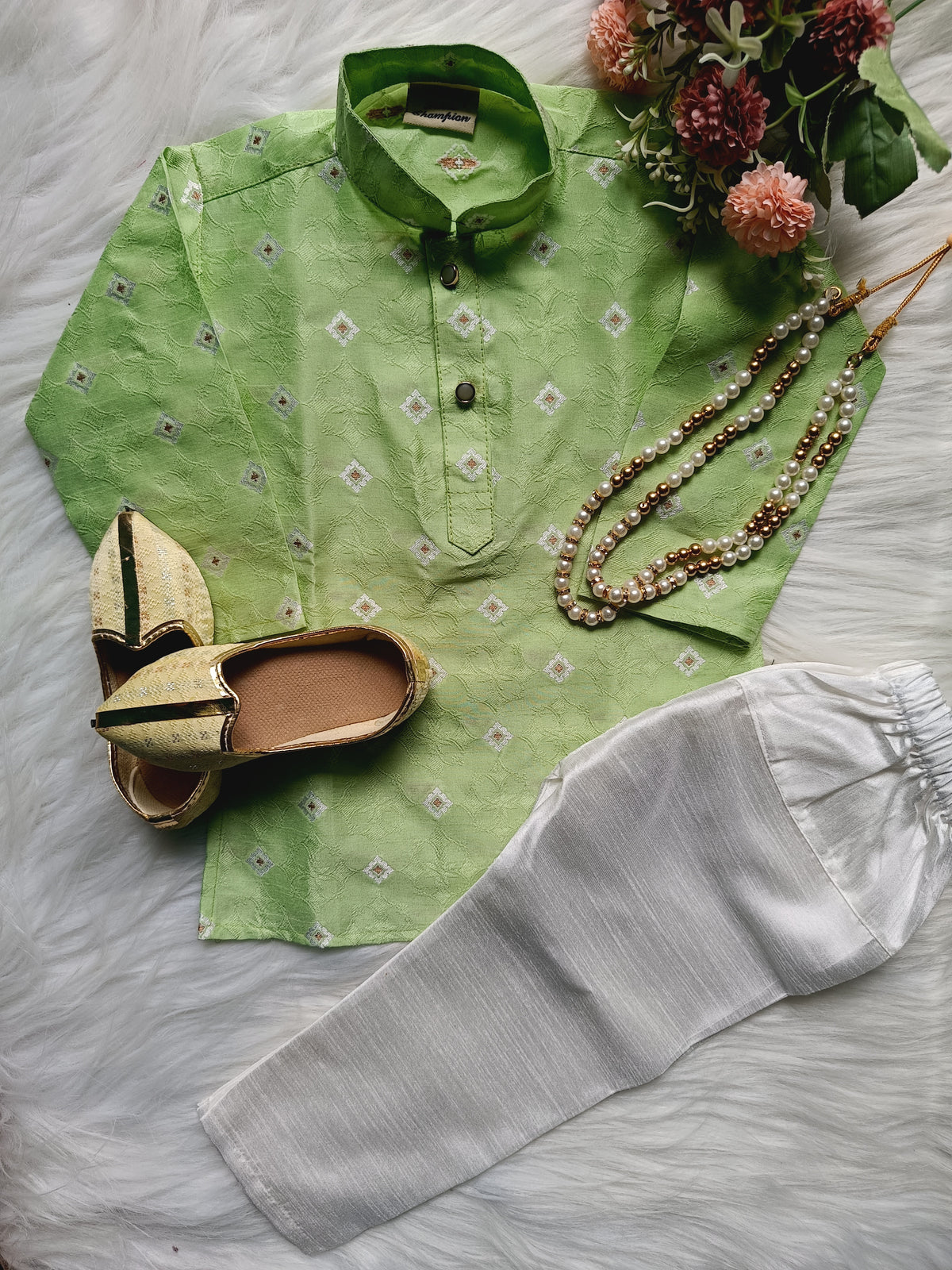 Boys Green Sky  Kurta set - Chain and Shoes Included