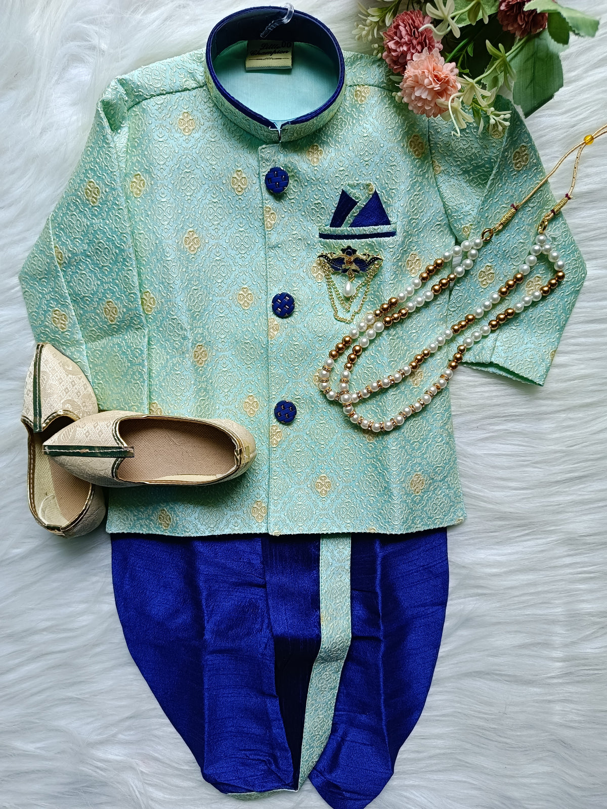 Boys Blizard Blue IndoWestern dhoti set - Chain and shoes included