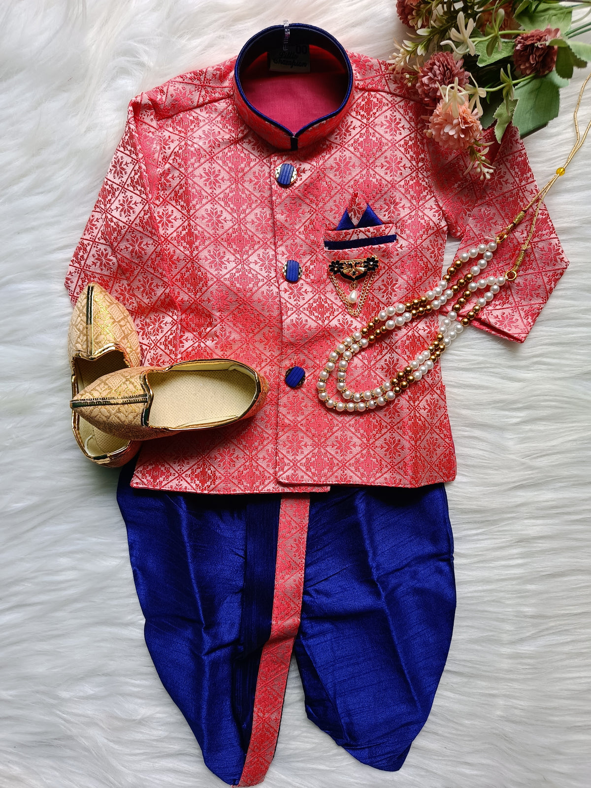 Boys Paradise Pink IndoWestern dhoti set - Chain and shoes included