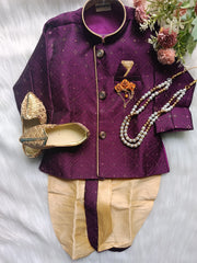 Boys Safflower IndoWestern dhoti set - Chain and shoes included