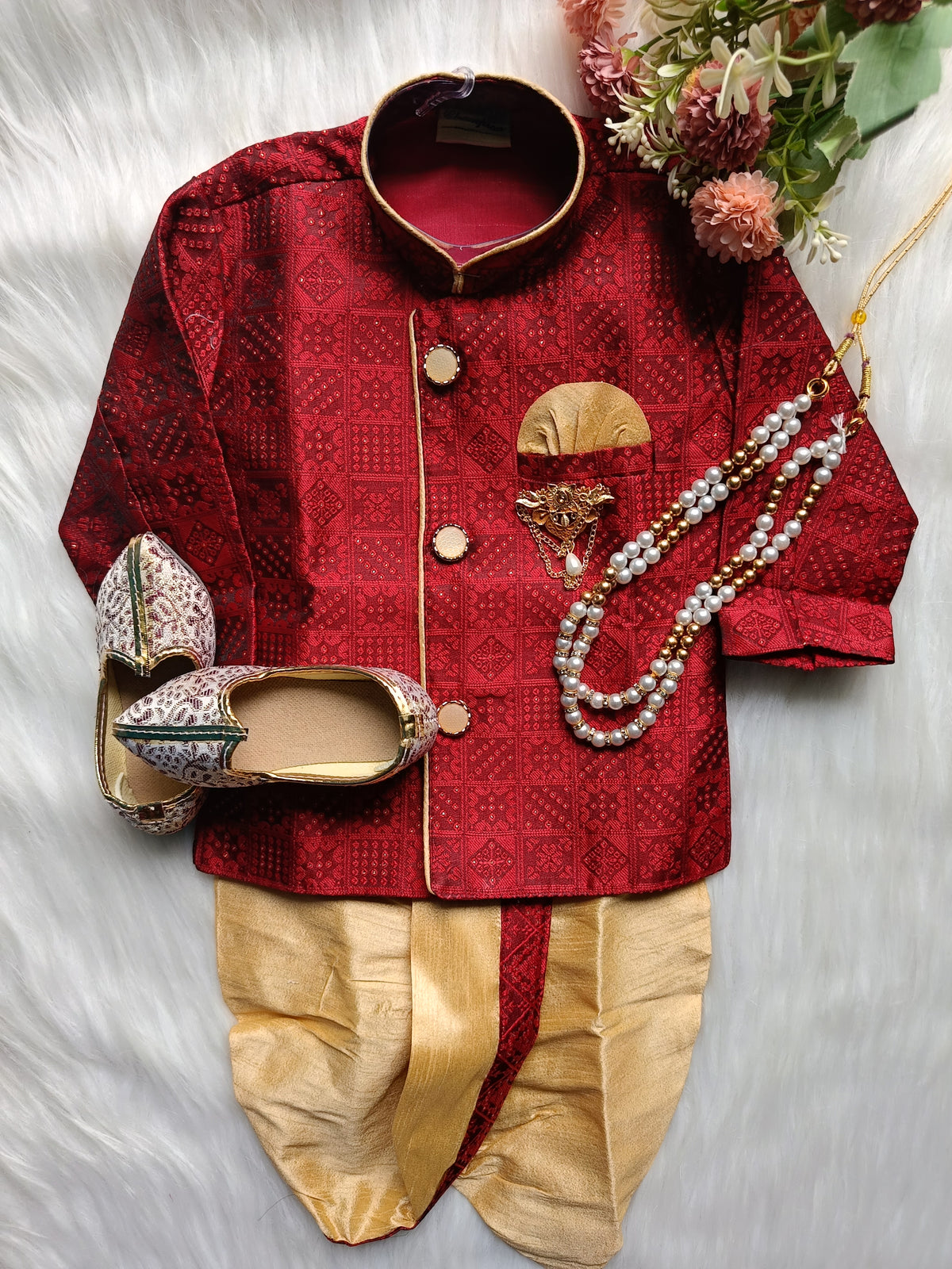 Boys Valentine Red IndoWestern dhoti set - Chain and shoes included