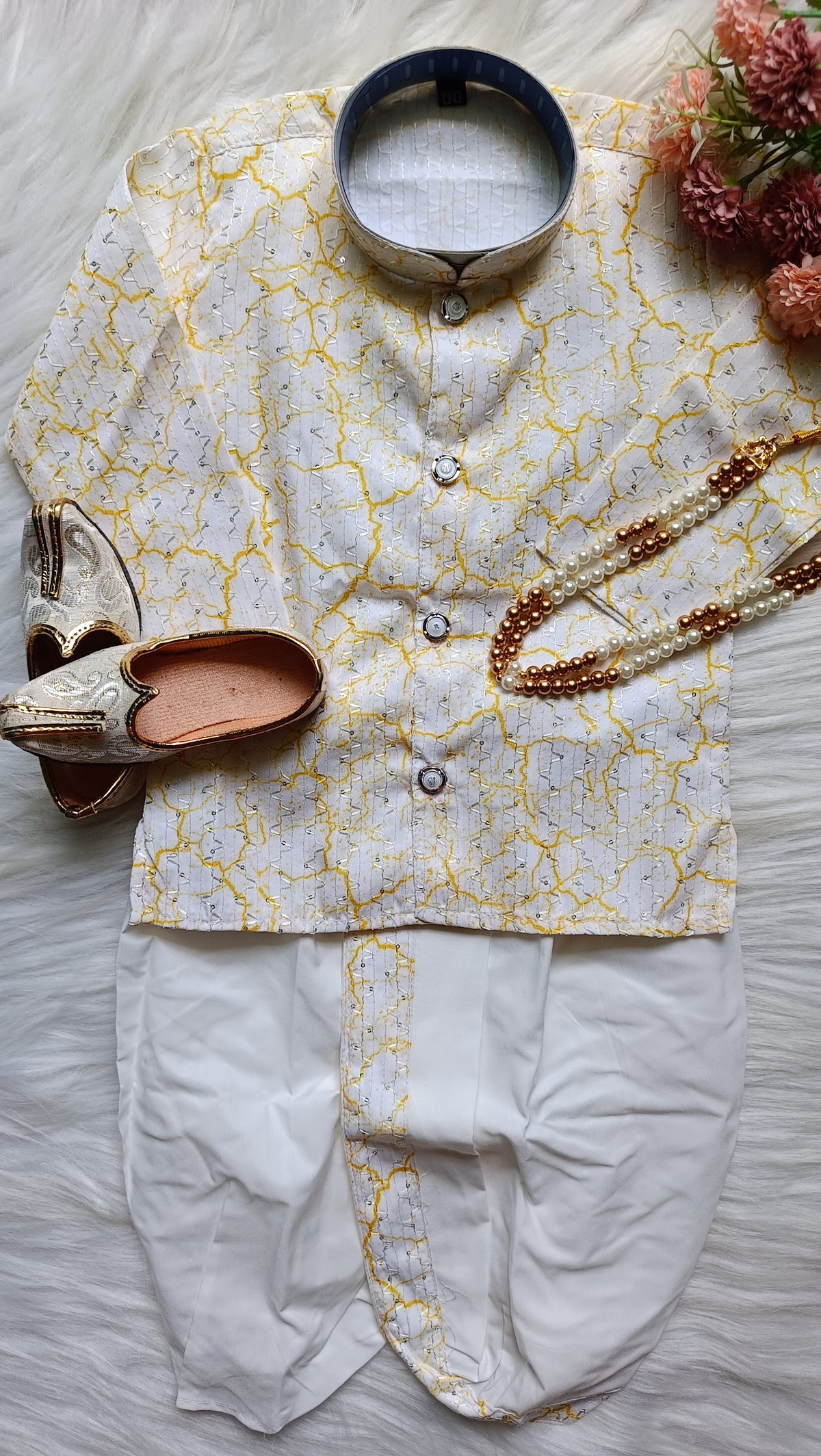 Boys  Orange Yellow Dhoti  set - Chain and Shoes Included