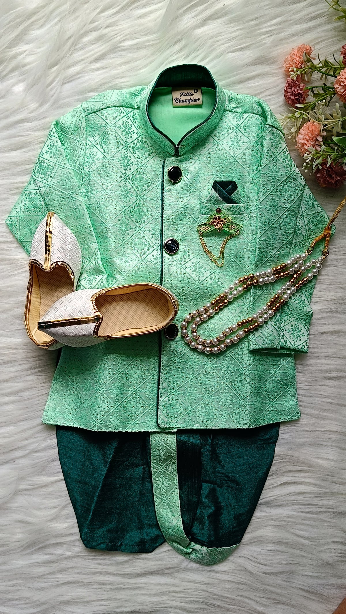 Boys Magic Mint IndoWestern dhoti set - Chain and shoes included